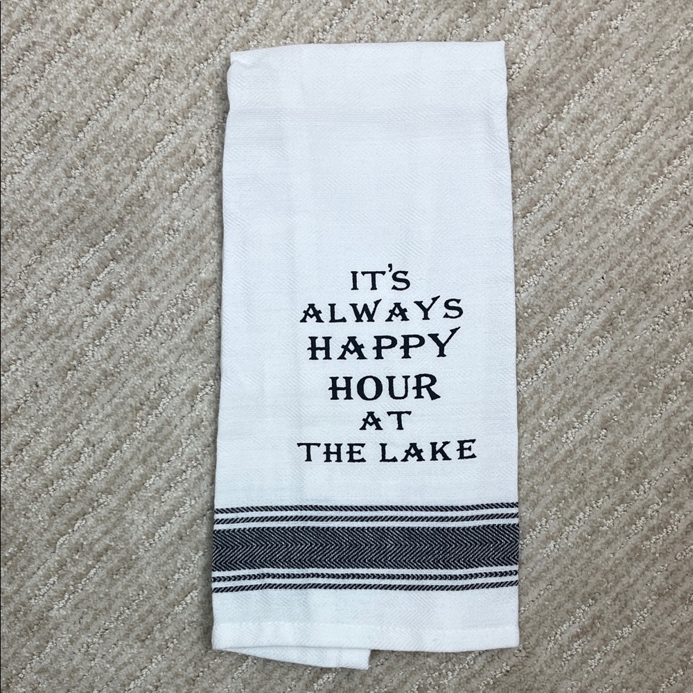 Kitchen Towel Tea Towel It's Always Happy Hour At The Lake White w/ Black Letter